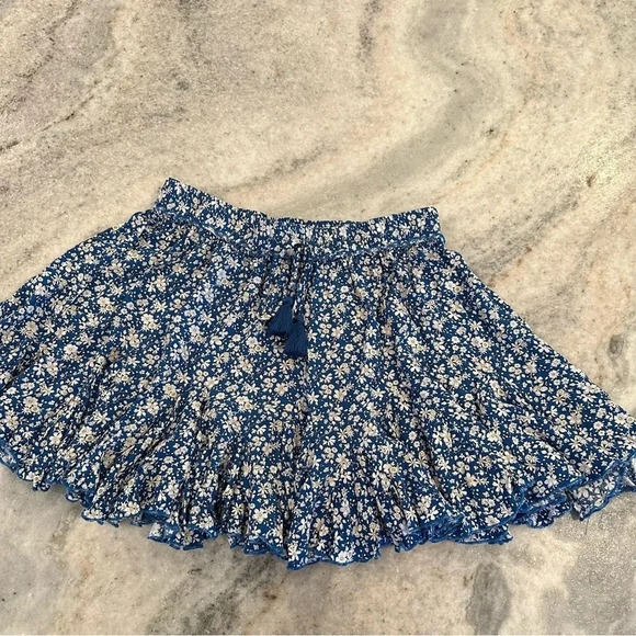 Aakaa Blue Ruffled White Floral Mini Skirt Drawstring Tassels Size Small - Picture 4 of 9